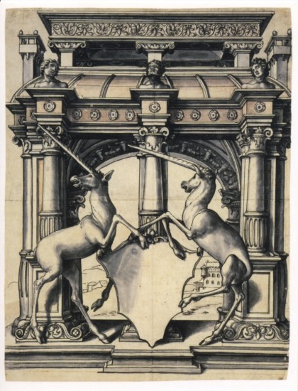 Drawing for heraldic arms with two unicorns