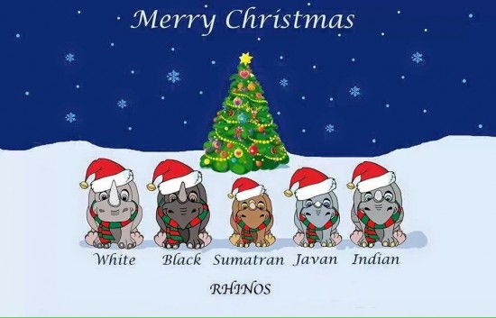 Five rhinoceroses wishing "Merry Christmas"