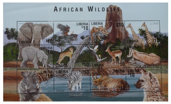 A white rhinoceros on a postage stamp from Liberia